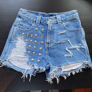 LF ripped denim short shorts with bedazzle on front